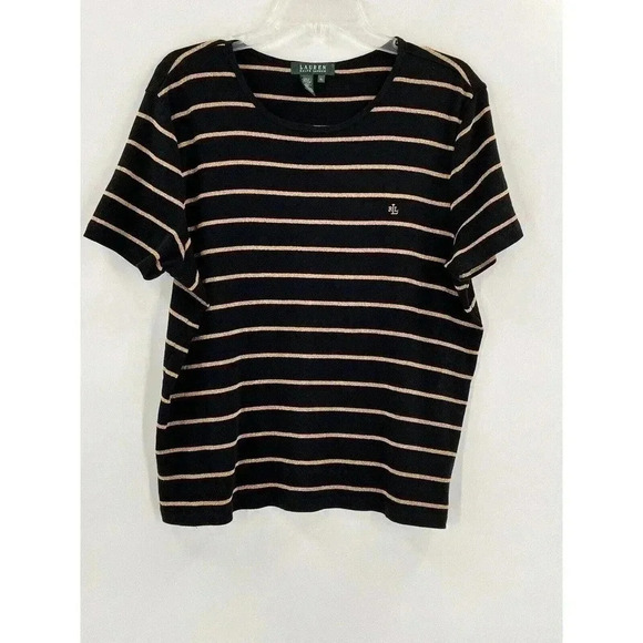 Lauren Ralph Lauren Short Sleeve Black Gold Stripe Top Size XLarge Excellent UC - Picture 1 of 6